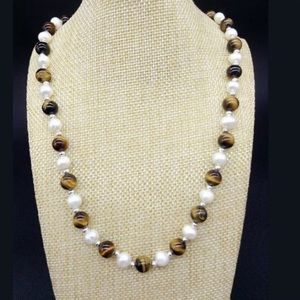 NWOT PEARL , TIGER EYE NECKLACE